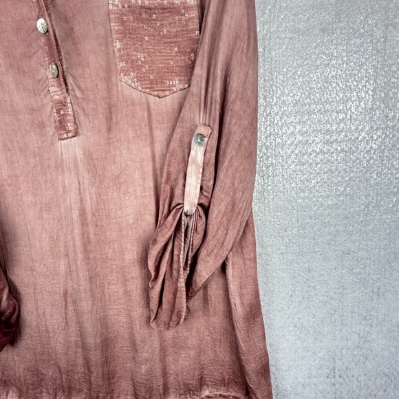 Hi-Lo Blouse Women Size Medium V-Neck Roll Up Sleeves Italy Flowy‎ Sequins Pink - Picture 10 of 16